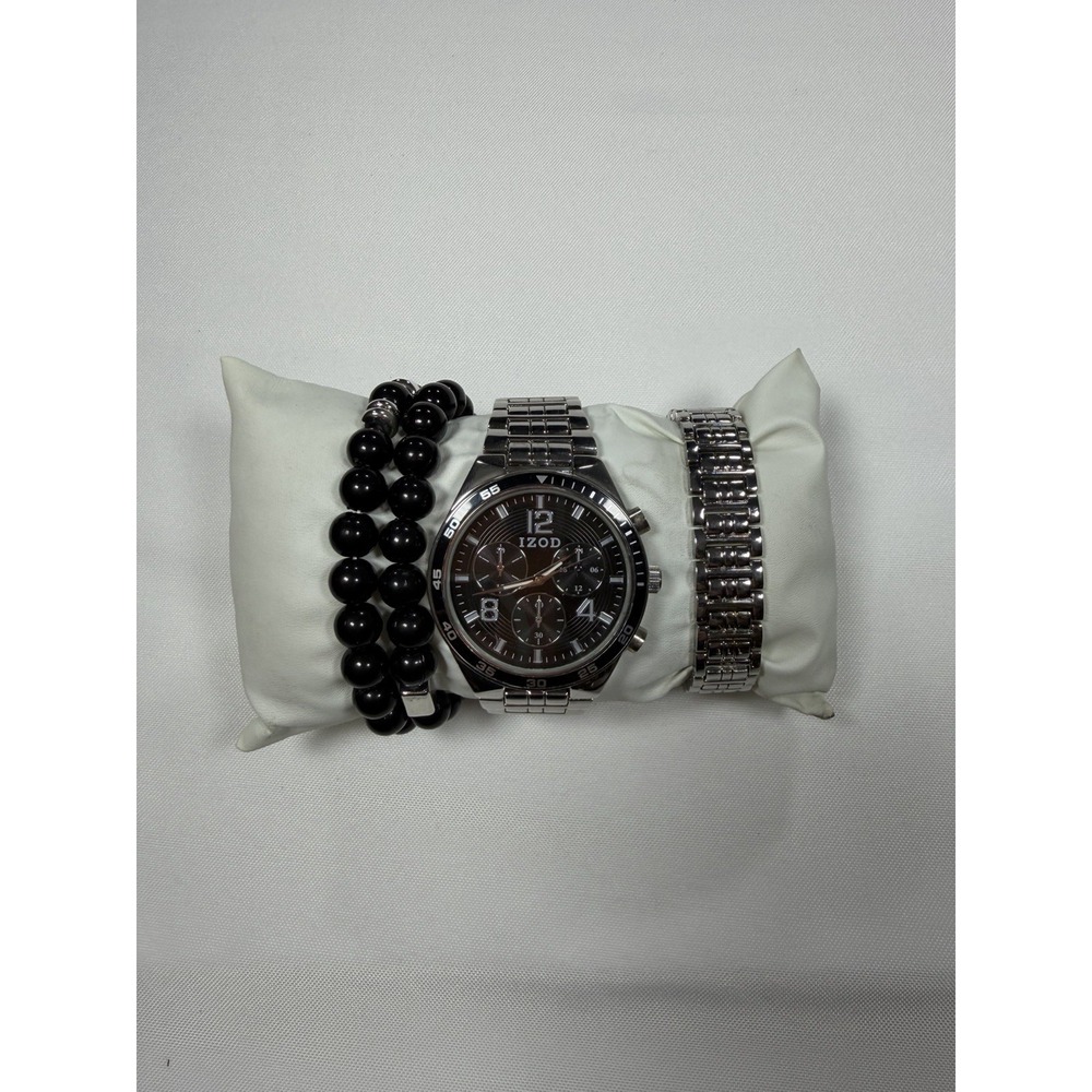 IZOD Men's Chronograph Watch Set IZO2155BU Silver Tone Dial Beaded Bracelets